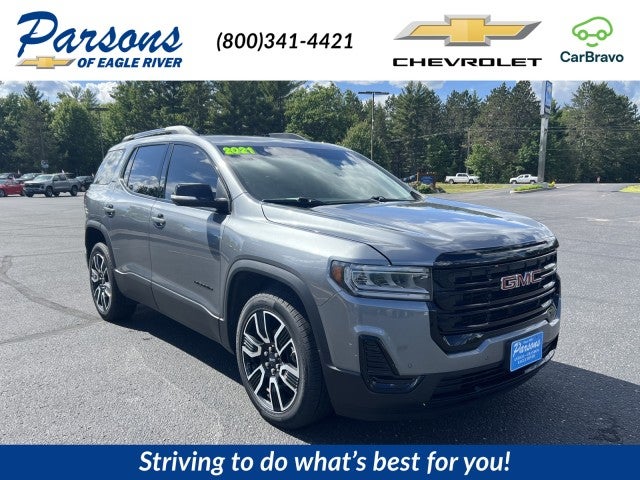 2021 GMC Acadia SLE in Satin Steel Metallic — front three-quarter view